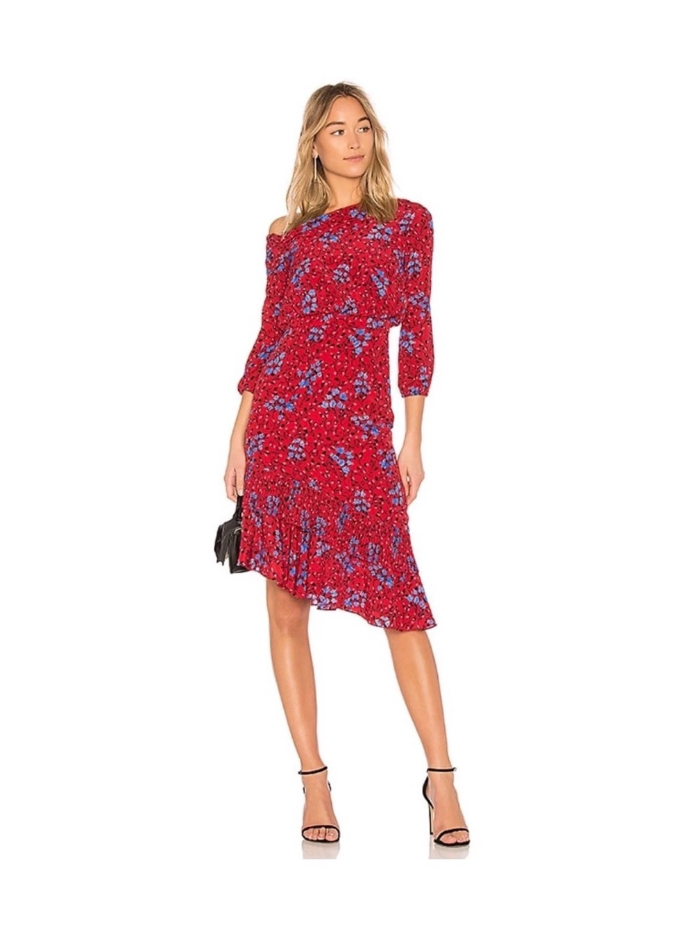 Saloni Lexie Silk Asymmetrical Off-The-Shoulder Red Scarlet Posey  midi Dress, 0